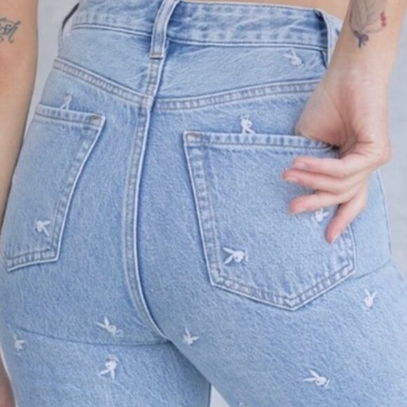Pacsun Playboy Embroidered Jeans Size 26 High Rise Straight Leg Raw Hem Y2K - Picture 2 of 12